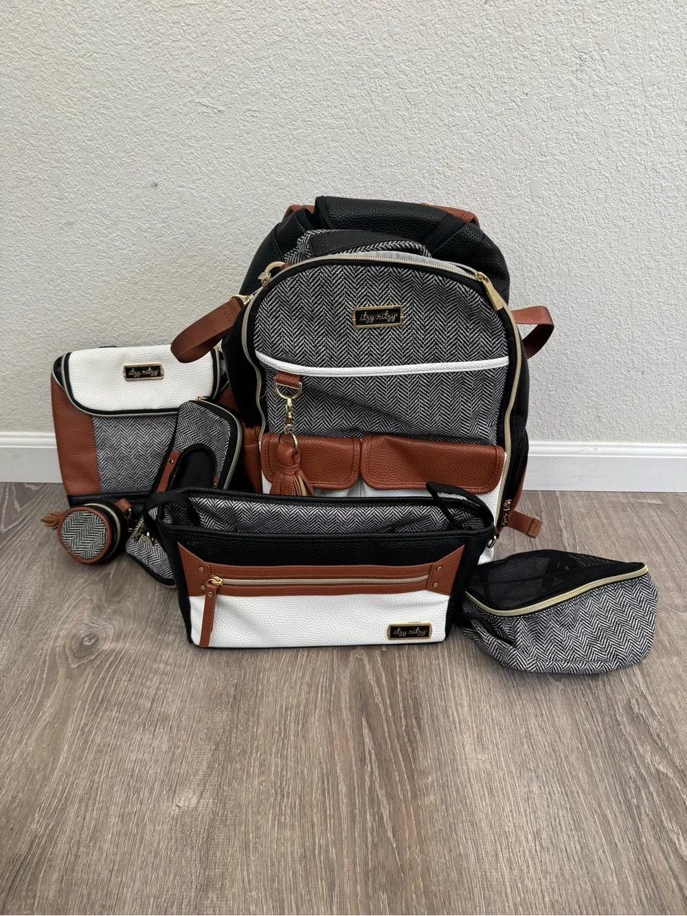 Itzy Ritzy Black White Brown Herringbone Diaper Backpack Set